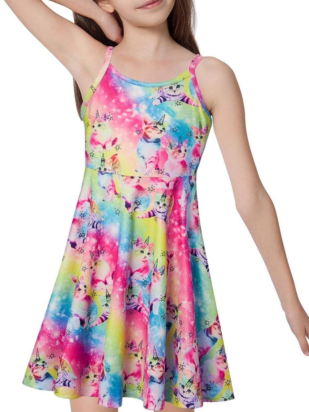 Amazon Kids' Multicolor Unicorn Cat Print Tank Dress - Pink, Yellow, Blue, Green